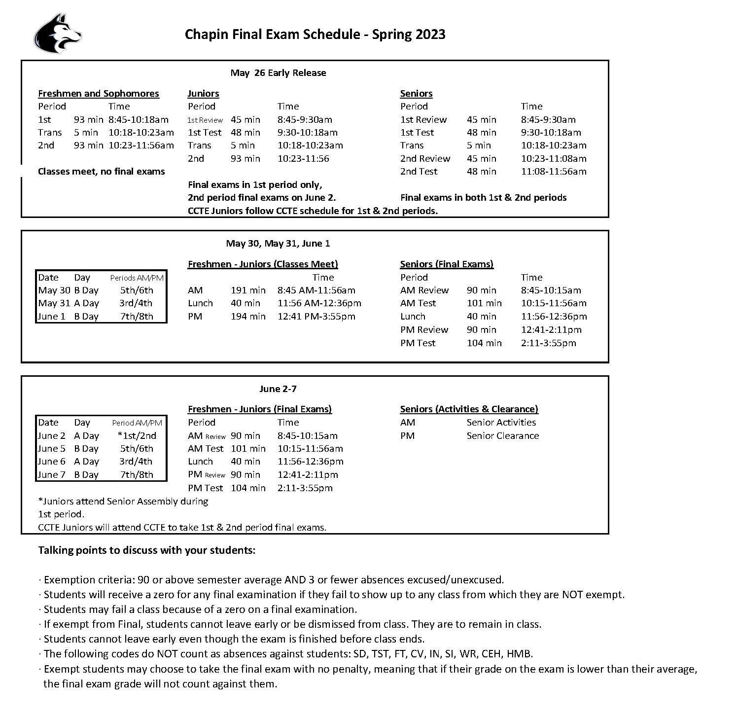 exam sched